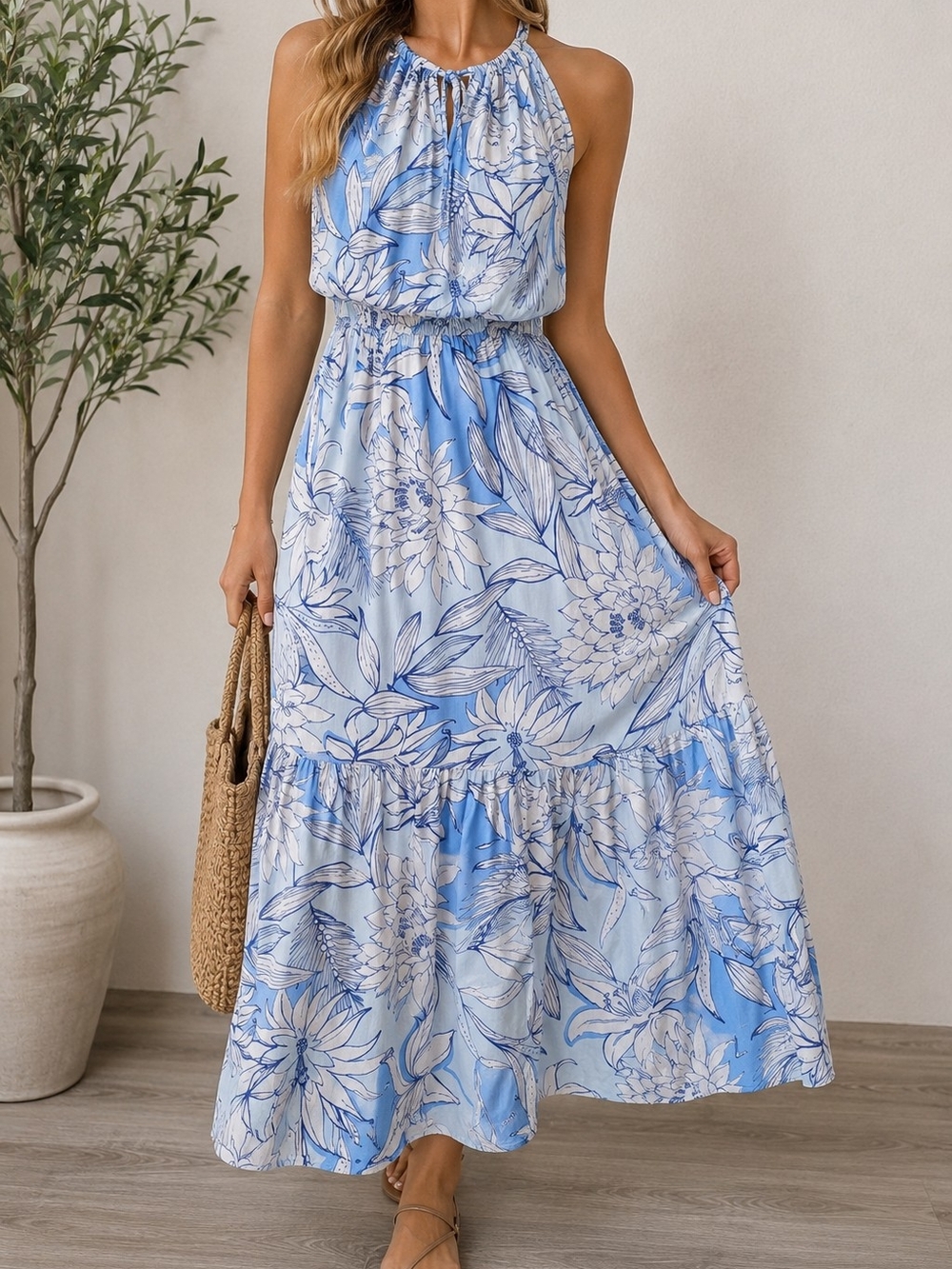 Halston Heritage Blue Floral Linen Blend Halter Maxi Dress S